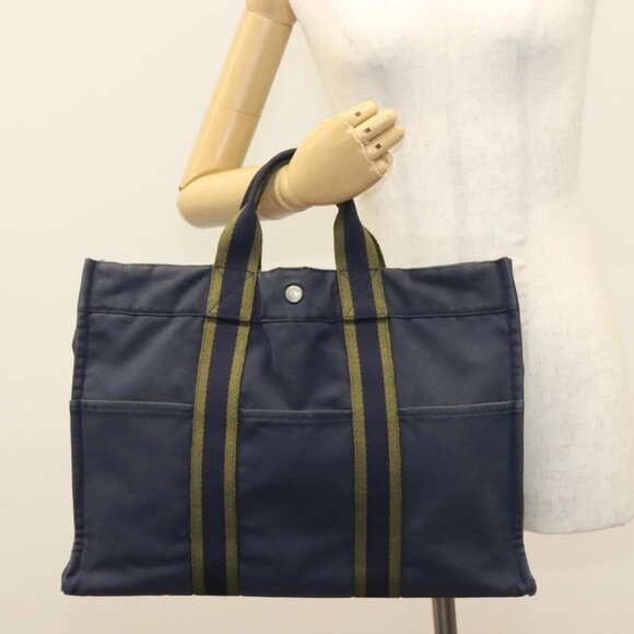 HERMES Fourre Tout GM Hand Bag Canvas Navy Silver Auth - Picture 1 of 16